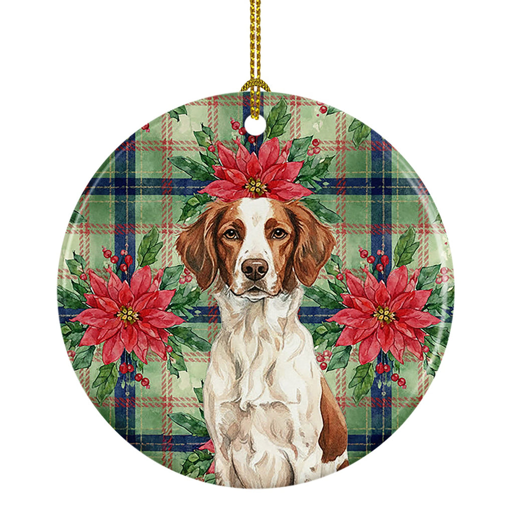 Liver and White Brittany Christmas PoinsettIas Ceramic Ornament Christmas Tree Hanging Decorations for Home Christmas Holiday, Party, Gift, 3 in, Multicolor