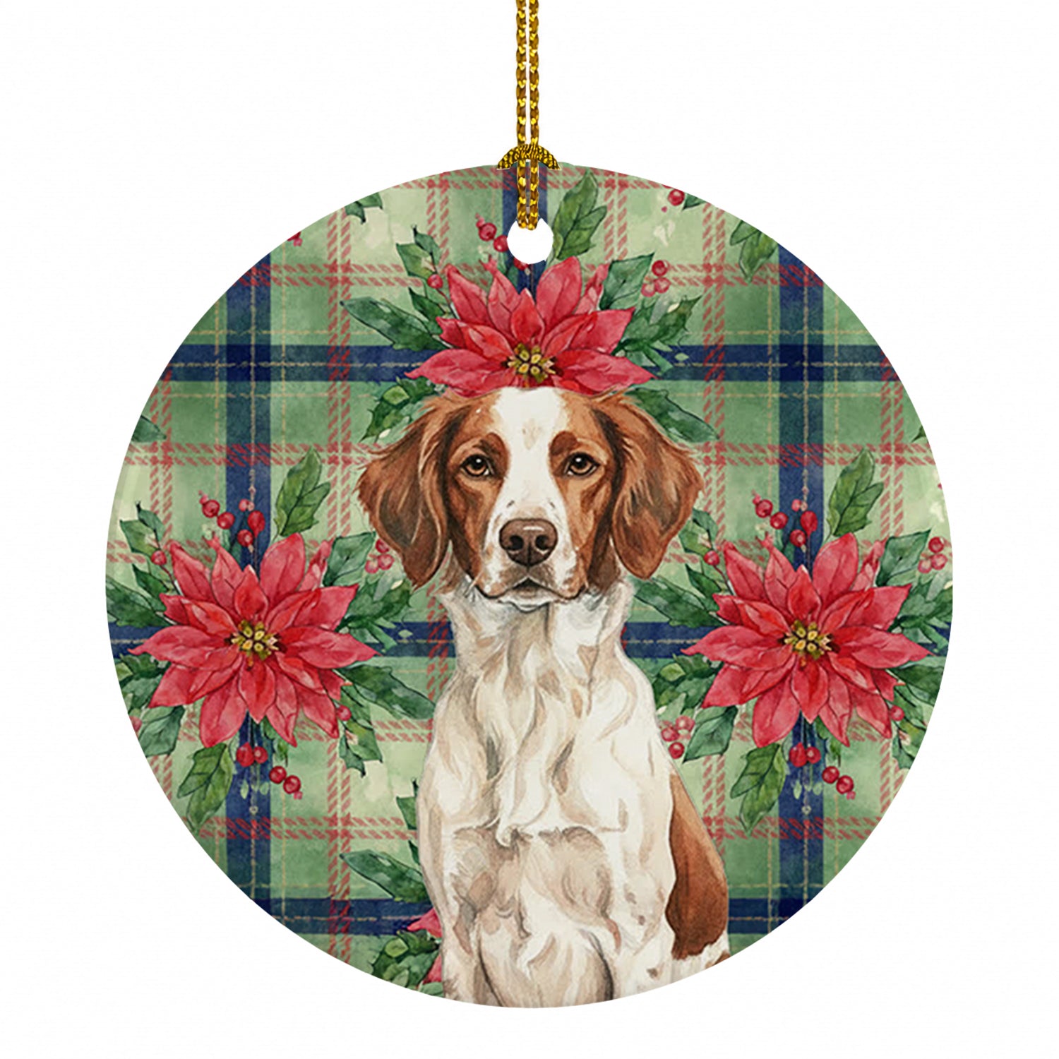 Liver and White Brittany Christmas PoinsettIas Ceramic Ornament Christmas Tree Hanging Decorations for Home Christmas Holiday, Party, Gift, 3 in, Multicolor