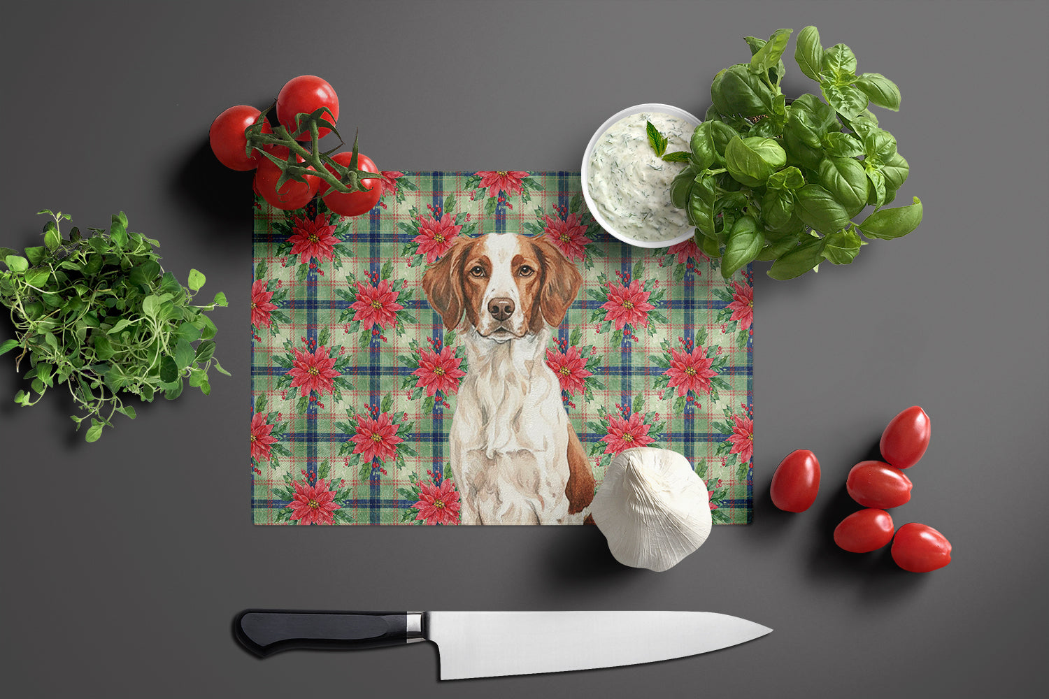 Liver and White Brittany Christmas PoinsettIas Cutting Board Tempered Glass Kitchen Cutting Surface, Heat Resistant Chopping, Non-Slip Feet, Food Prep & Serving