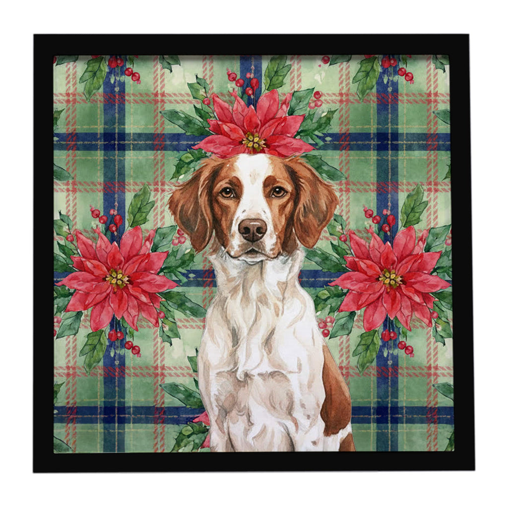 Liver and White Brittany Christmas PoinsettIas Framed Metal Print Bathroom, Kitchen, Office, Home Decor Wall Art Ready to Hang, Square, 8X8