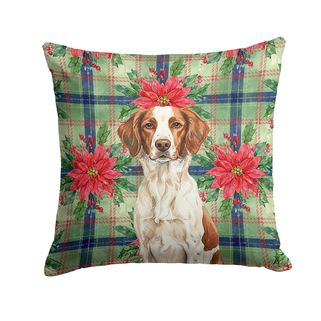Liver and White Brittany Christmas PoinsettIas Decorative Throw Pillow 14x14 Indoor Outdoor Accent Cushion, Fabric Cover with Insert for Sofa, Bed, Porch & Living Room