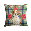 Liver and White Brittany Christmas PoinsettIas Decorative Throw Pillow 14x14 Indoor Outdoor Accent Cushion, Fabric Cover with Insert for Sofa, Bed, Porch & Living Room