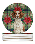 Liver and White Brittany Christmas PoinsettIas Large Sandstone Coasters Pack of 4 Absorbent Round Coasters Decor Gifts for Men or Women, 4 in, Multicolor