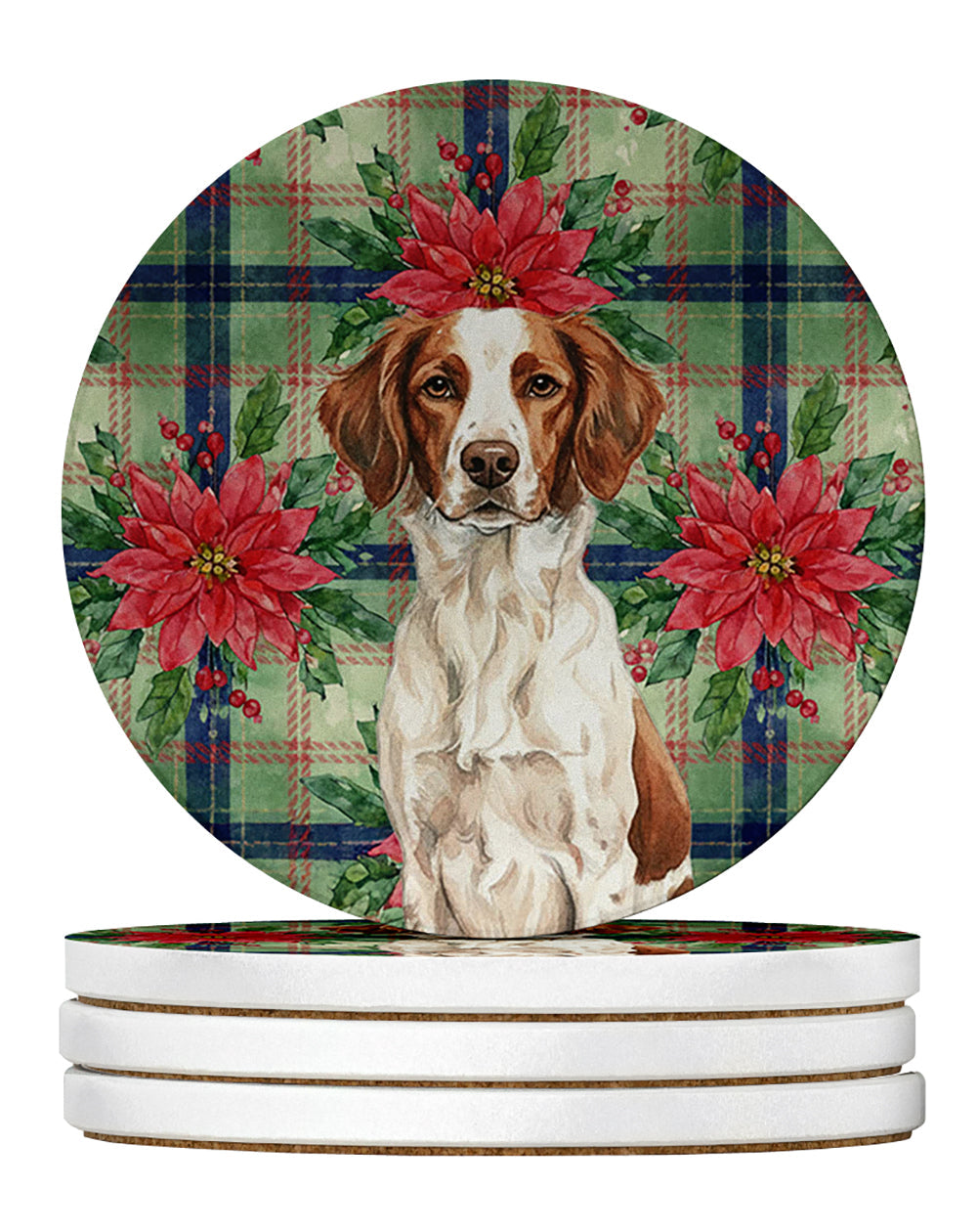 Liver and White Brittany Christmas PoinsettIas Large Sandstone Coasters Pack of 4 Absorbent Round Coasters Decor Gifts for Men or Women, 4 in, Multicolor
