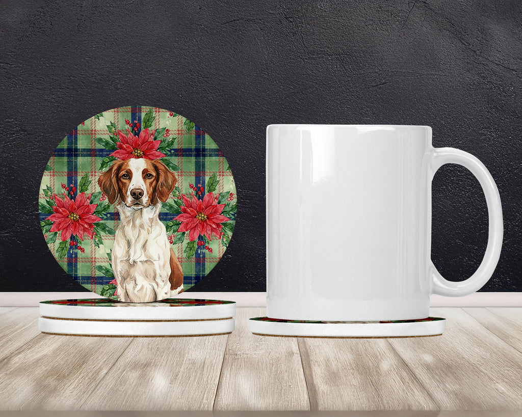 Liver and White Brittany Christmas PoinsettIas Large Sandstone Coasters Pack of 4 Absorbent Round Coasters Decor Gifts for Men or Women, 4 in, Multicolor