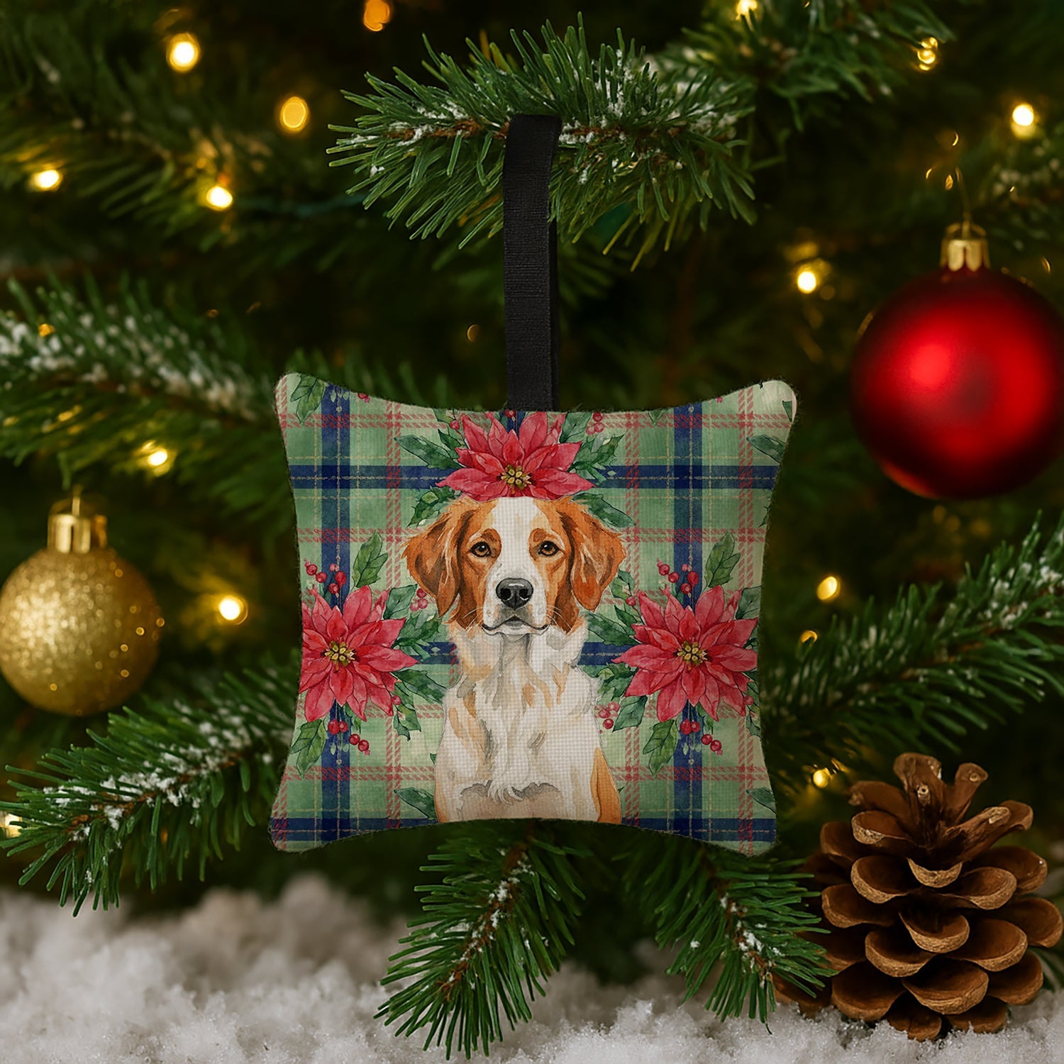 Orange and White Brittany Christmas PoinsettIas Hanging Square Fabric Ornament 3.5 � 3.5 Decorative Door-Knob & Tree Hanger, Soft Fabric