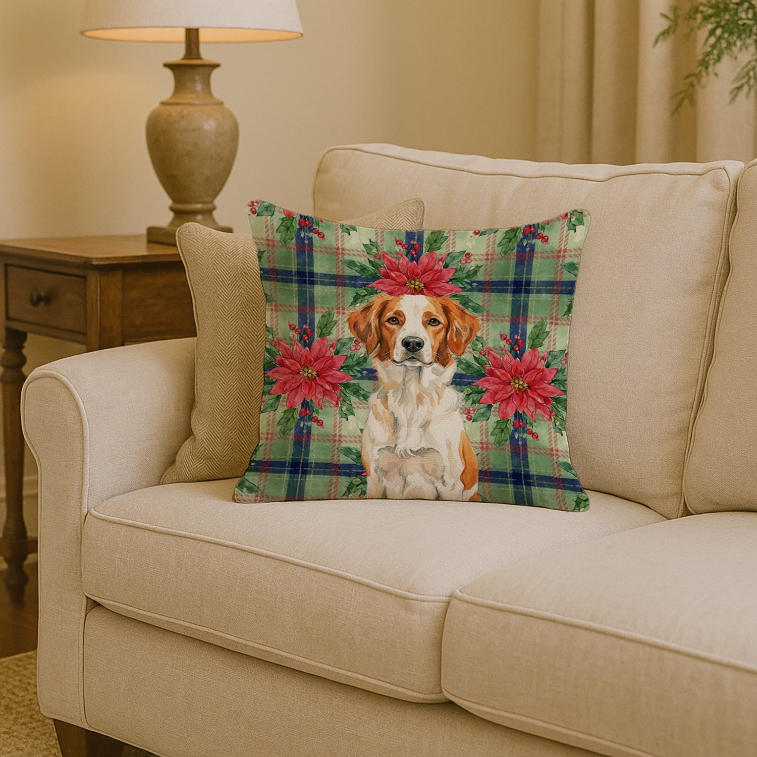 Orange and White Brittany Christmas PoinsettIas Decorative Throw Pillow 14x14 Indoor Outdoor Accent Cushion, Fabric Cover with Insert for Sofa, Bed, Porch & Living Room