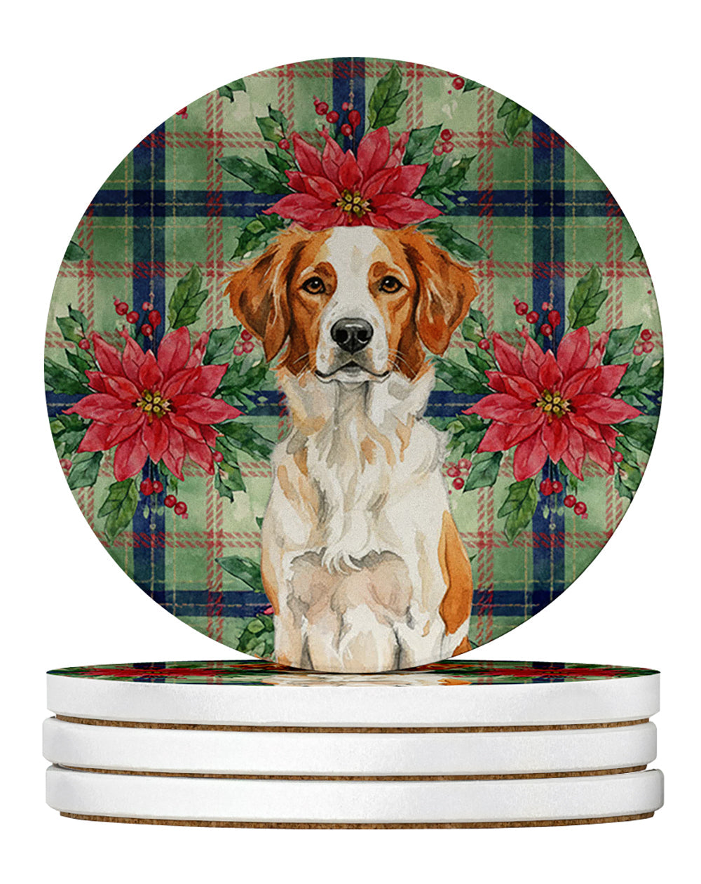 Orange and White Brittany Christmas PoinsettIas Large Sandstone Coasters Pack of 4 Absorbent Round Coasters Decor Gifts for Men or Women, 4 in, Multicolor