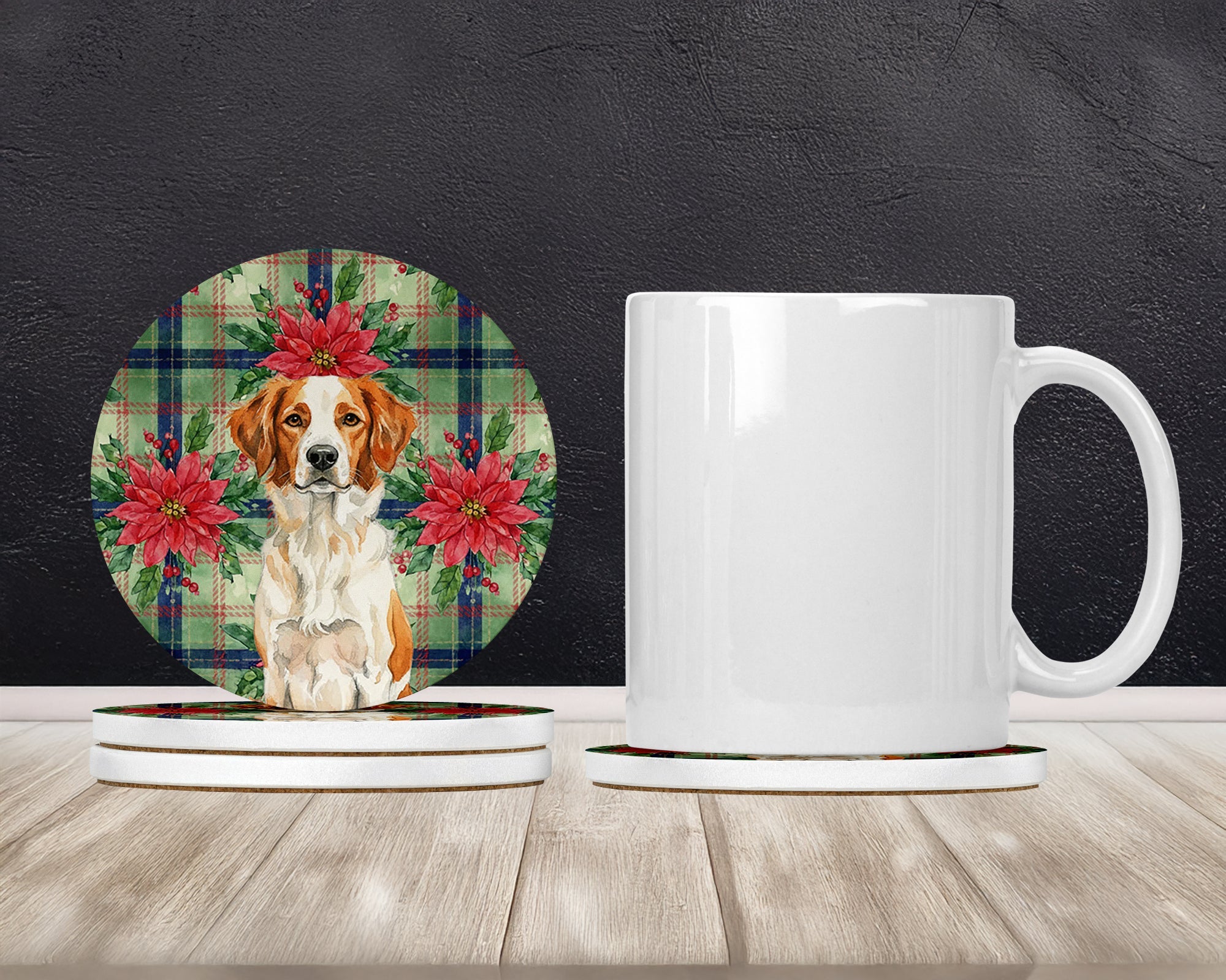 Orange and White Brittany Christmas PoinsettIas Large Sandstone Coasters Pack of 4 Absorbent Round Coasters Decor Gifts for Men or Women, 4 in, Multicolor