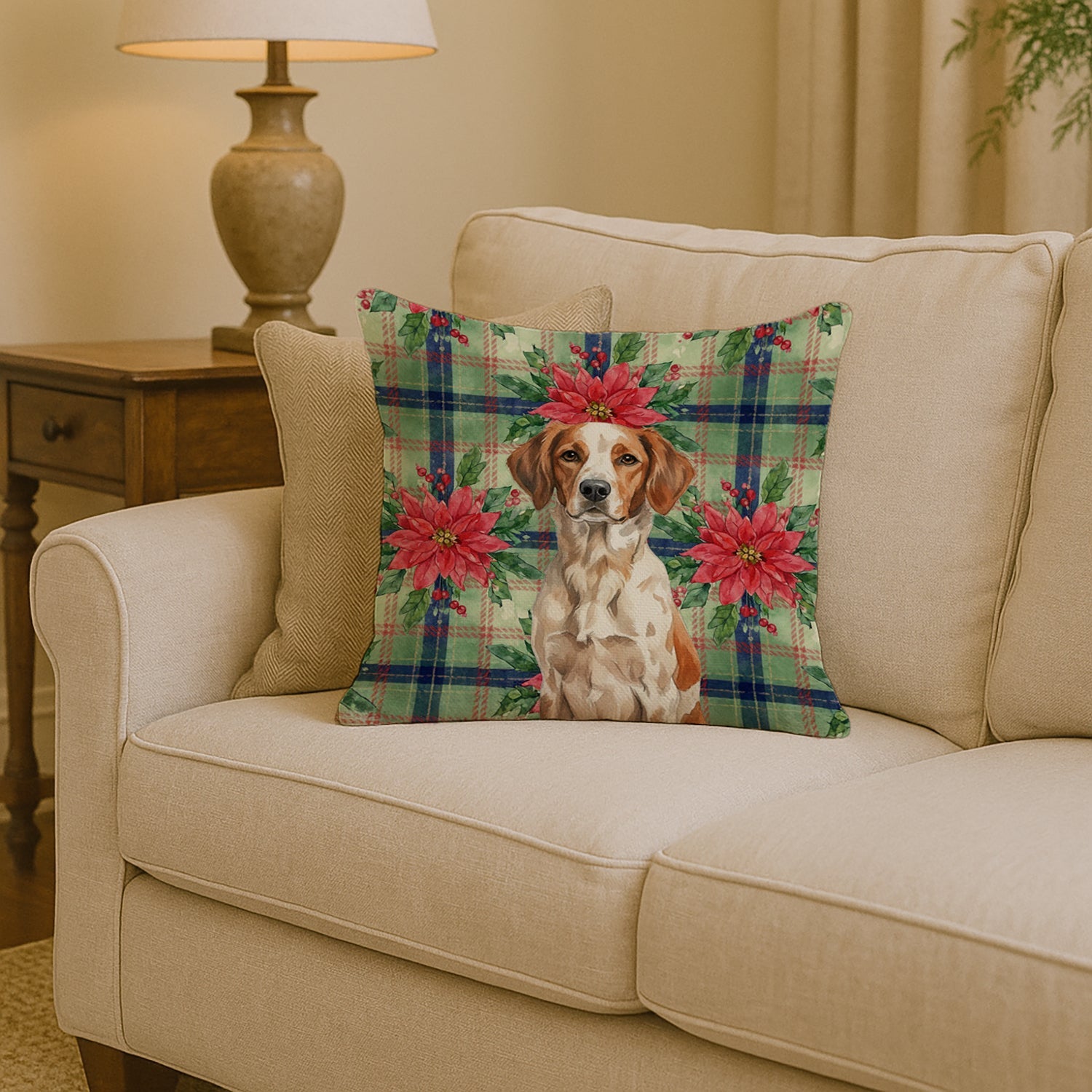 Roan Brittany Christmas PoinsettIas Decorative Throw Pillow 14x14 Indoor Outdoor Accent Cushion, Fabric Cover with Insert for Sofa, Bed, Porch & Living Room