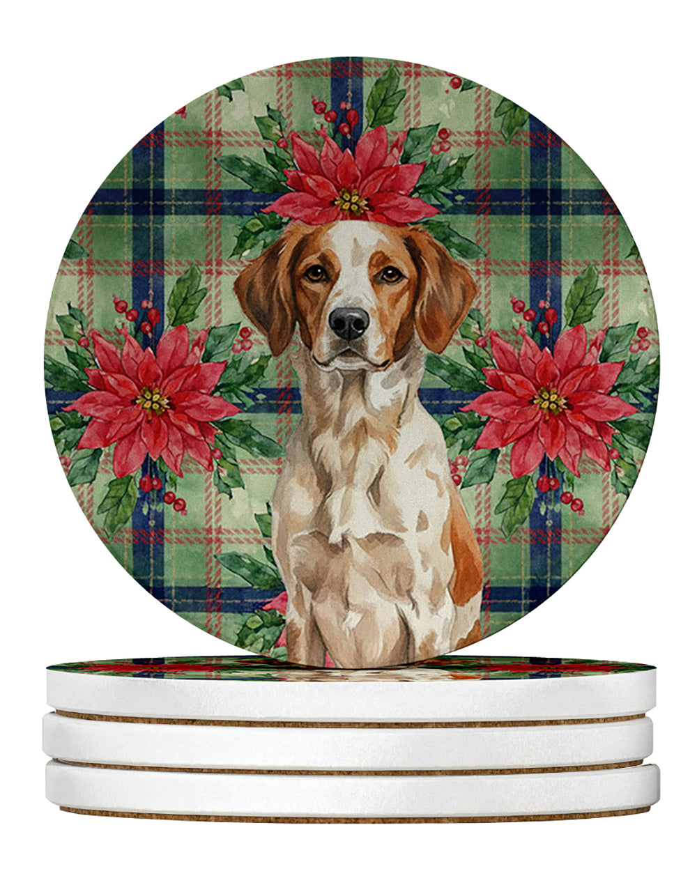 Roan Brittany Christmas PoinsettIas Large Sandstone Coasters Pack of 4 Absorbent Round Coasters Decor Gifts for Men or Women, 4 in, Multicolor