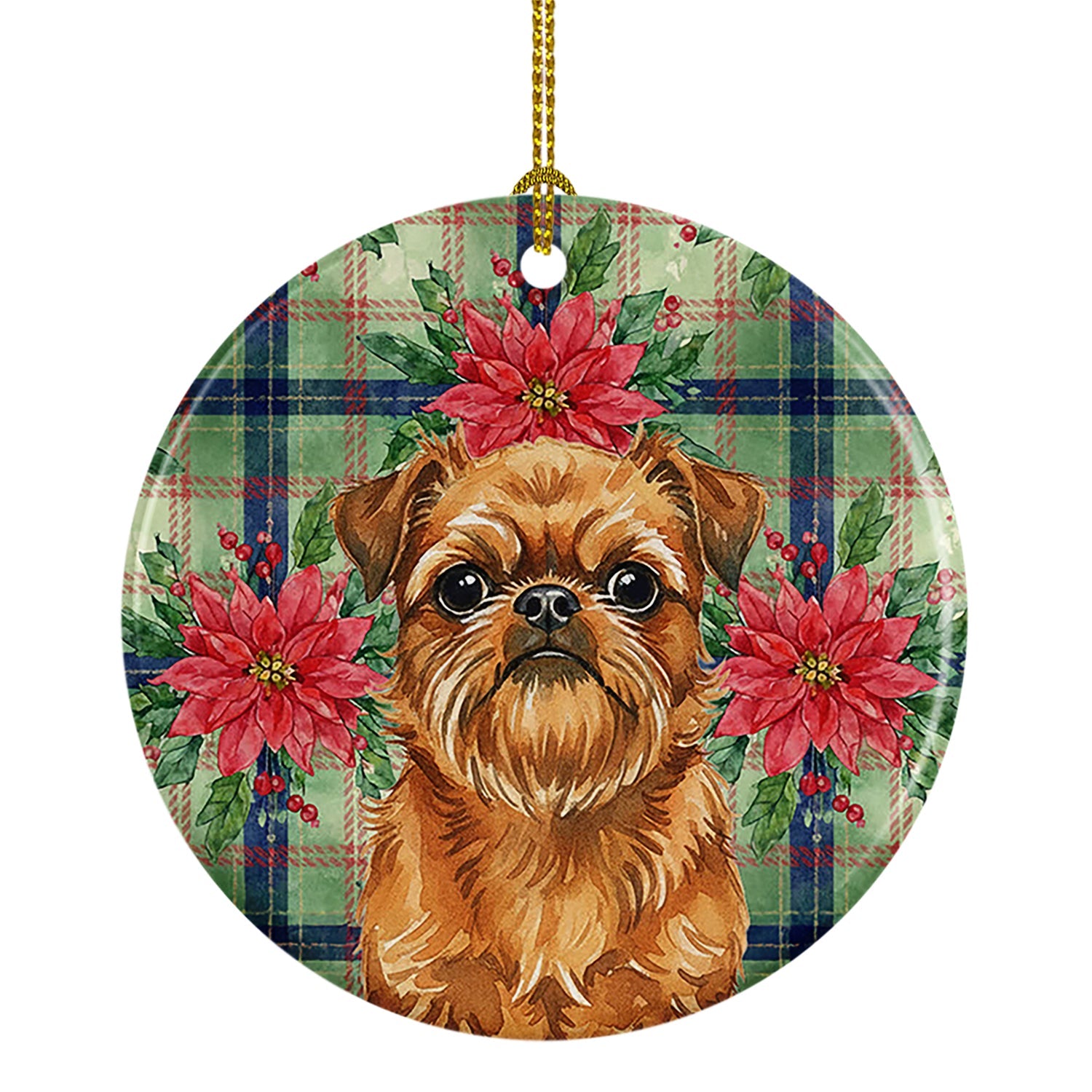 Belge Brussels Griffon Christmas PoinsettIas Ceramic Ornament Christmas Tree Hanging Decorations for Home Christmas Holiday, Party, Gift, 3 in, Multicolor
