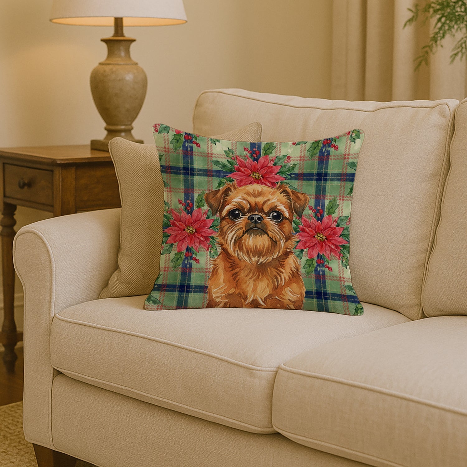 Belge Brussels Griffon Christmas PoinsettIas Decorative Throw Pillow 14x14 Indoor Outdoor Accent Cushion, Fabric Cover with Insert for Sofa, Bed, Porch & Living Room