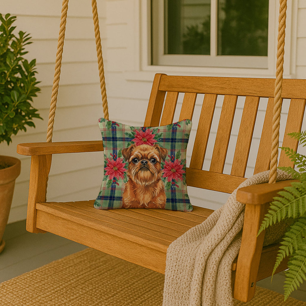 Belge Brussels Griffon Christmas PoinsettIas Decorative Throw Pillow 14x14 Indoor Outdoor Accent Cushion, Fabric Cover with Insert for Sofa, Bed, Porch & Living Room