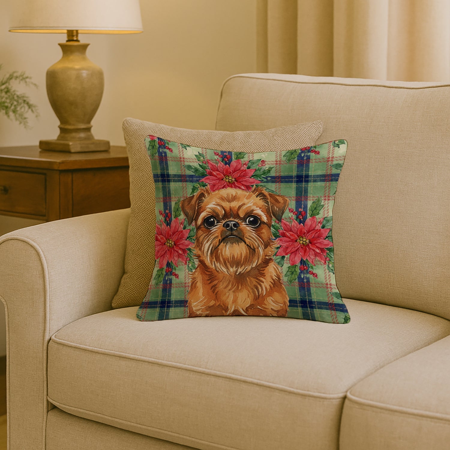 Belge Brussels Griffon Christmas PoinsettIas Decorative Throw Pillow 18x18 Indoor Outdoor Accent Cushion, Fabric Cover with Insert for Sofa, Bed, Porch & Living Room