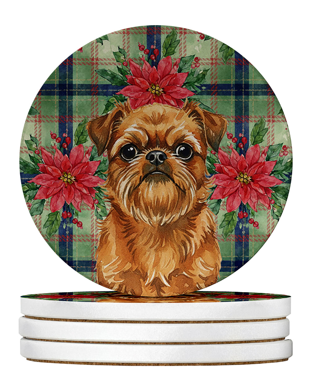 Belge Brussels Griffon Christmas PoinsettIas Large Sandstone Coasters Pack of 4 Absorbent Round Coasters Decor Gifts for Men or Women, 4 in, Multicolor