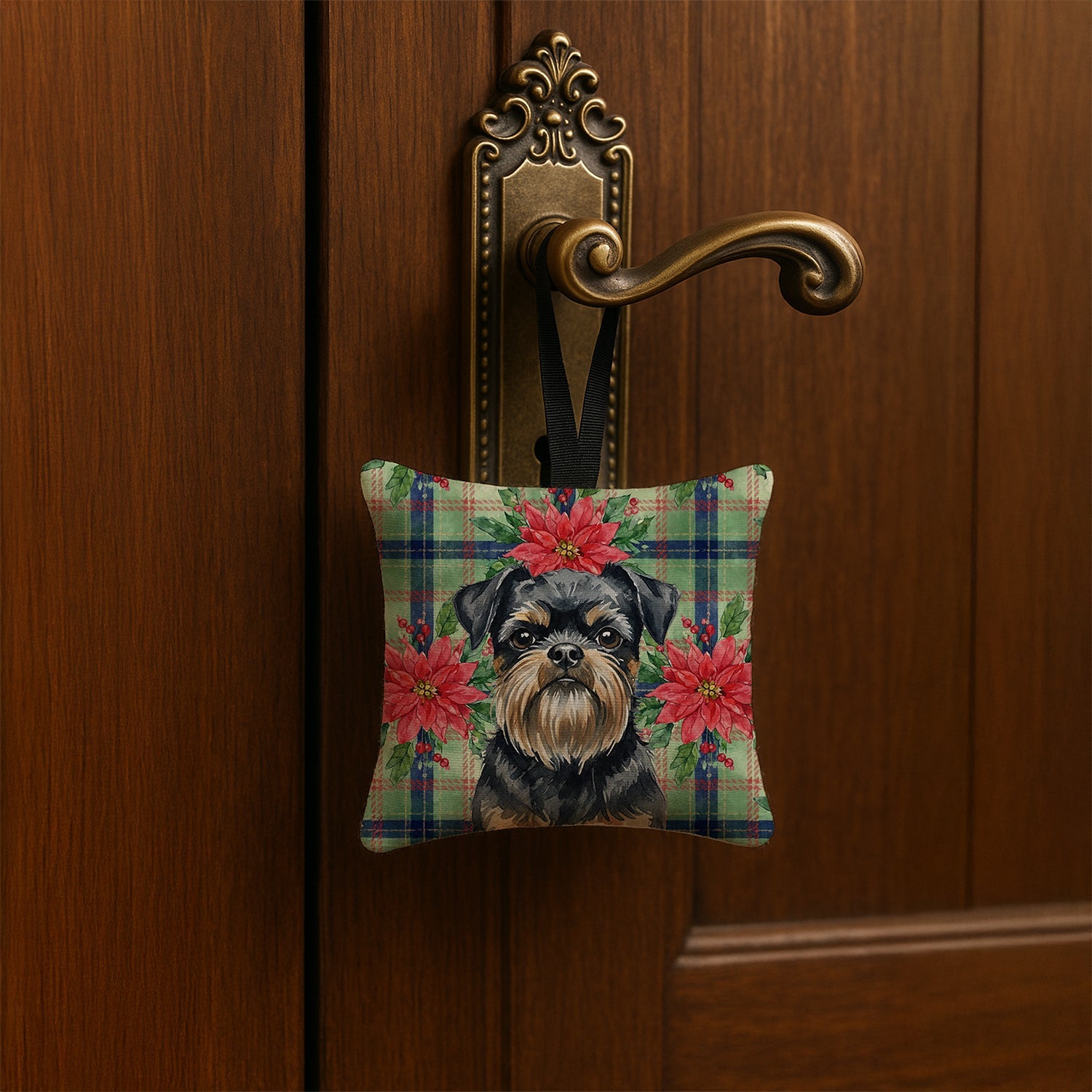 Black and Tan Brussels Griffon Christmas PoinsettIas Hanging Square Fabric Ornament 3.5 � 3.5 Decorative Door-Knob & Tree Hanger, Soft Fabric