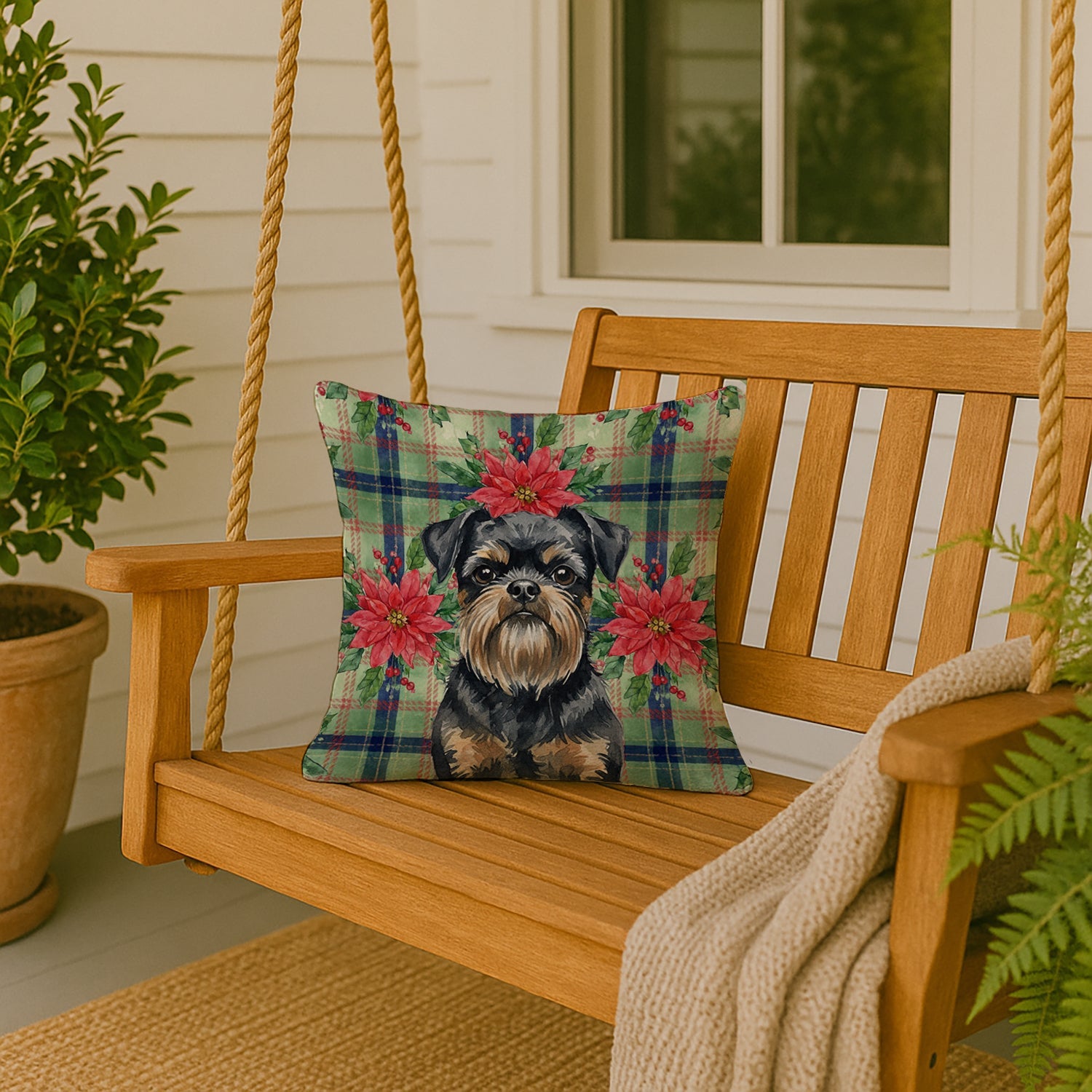 Black and Tan Brussels Griffon Christmas PoinsettIas Decorative Throw Pillow 18x18 Indoor Outdoor Accent Cushion, Fabric Cover with Insert for Sofa, Bed, Porch & Living Room