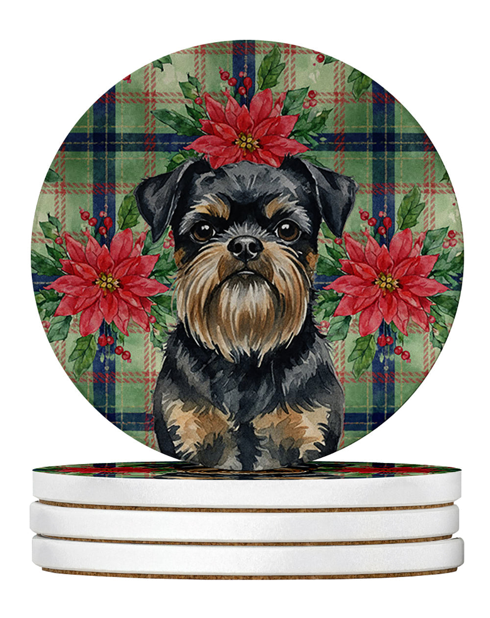 Black and Tan Brussels Griffon Christmas PoinsettIas Large Sandstone Coasters Pack of 4 Absorbent Round Coasters Decor Gifts for Men or Women, 4 in, Multicolor