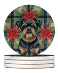 Black and Tan Brussels Griffon Christmas PoinsettIas Large Sandstone Coasters Pack of 4 Absorbent Round Coasters Decor Gifts for Men or Women, 4 in, Multicolor