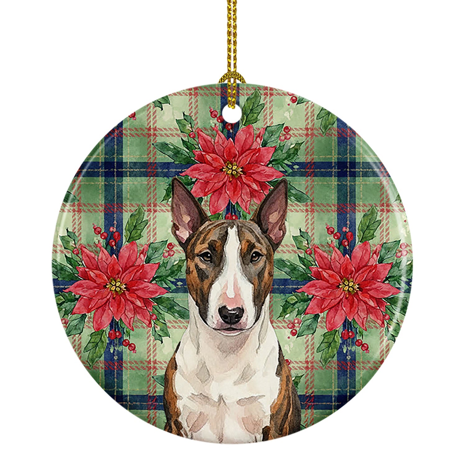 Brindle and White Bull Terrier Christmas PoinsettIas Ceramic Ornament Christmas Tree Hanging Decorations for Home Christmas Holiday, Party, Gift, 3 in, Multicolor