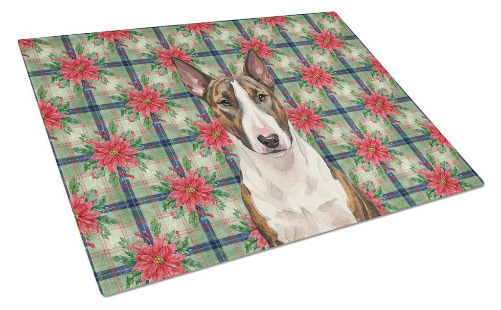 Brindle and White Bull Terrier Christmas PoinsettIas Cutting Board Tempered Glass Kitchen Cutting Surface, Heat Resistant Chopping, Non-Slip Feet, Food Prep & Serving