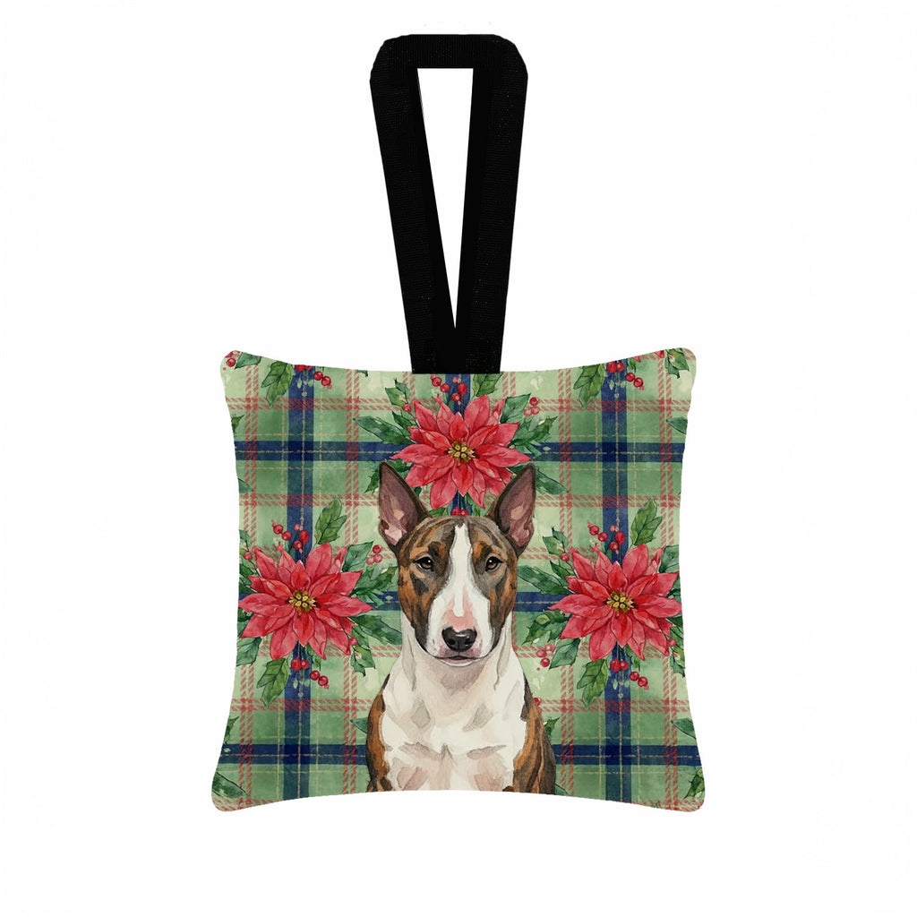 Brindle and White Bull Terrier Christmas PoinsettIas Hanging Square Fabric Ornament 3.5 � 3.5 Decorative Door-Knob & Tree Hanger, Soft Fabric
