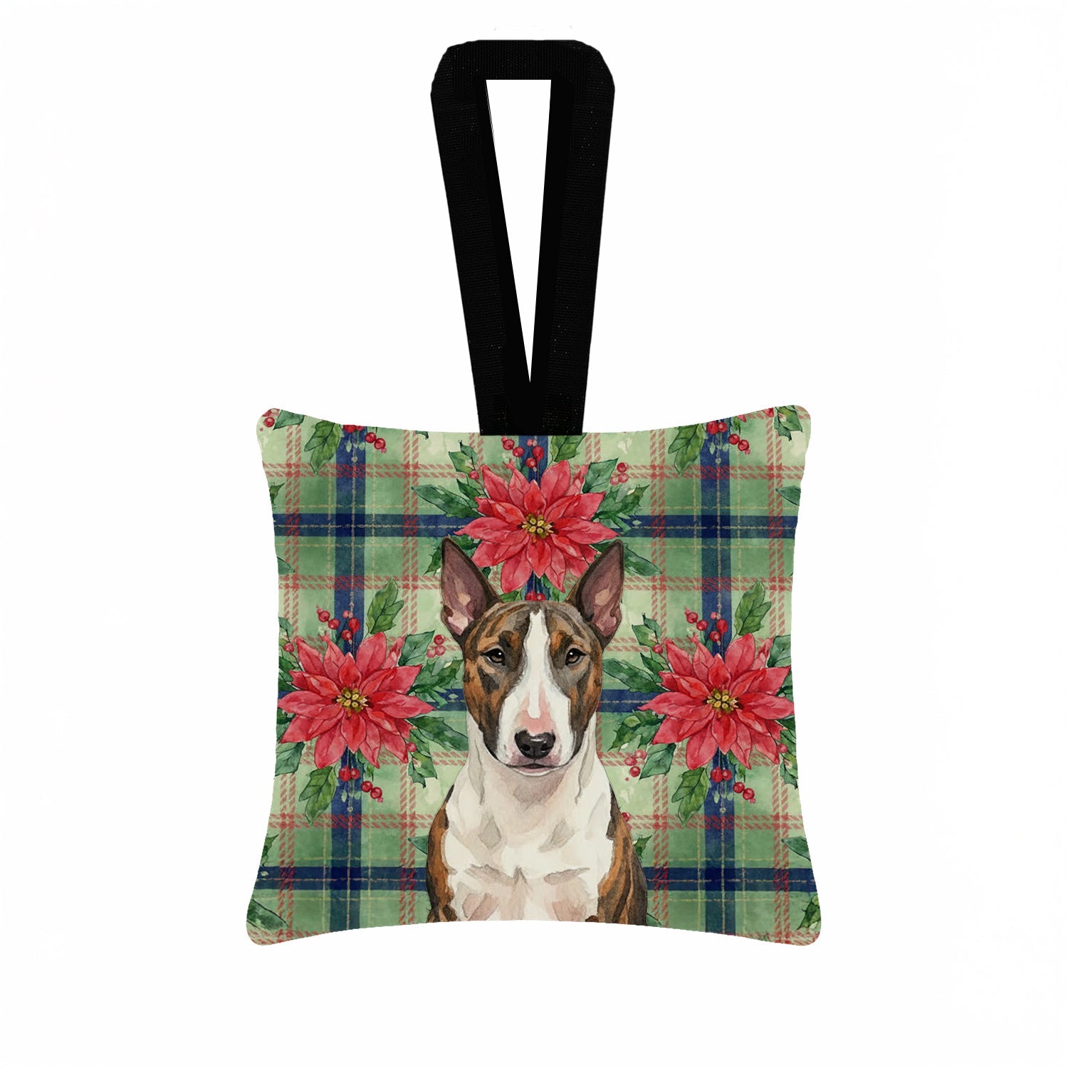 Brindle and White Bull Terrier Christmas PoinsettIas Hanging Square Fabric Ornament 3.5 � 3.5 Decorative Door-Knob & Tree Hanger, Soft Fabric
