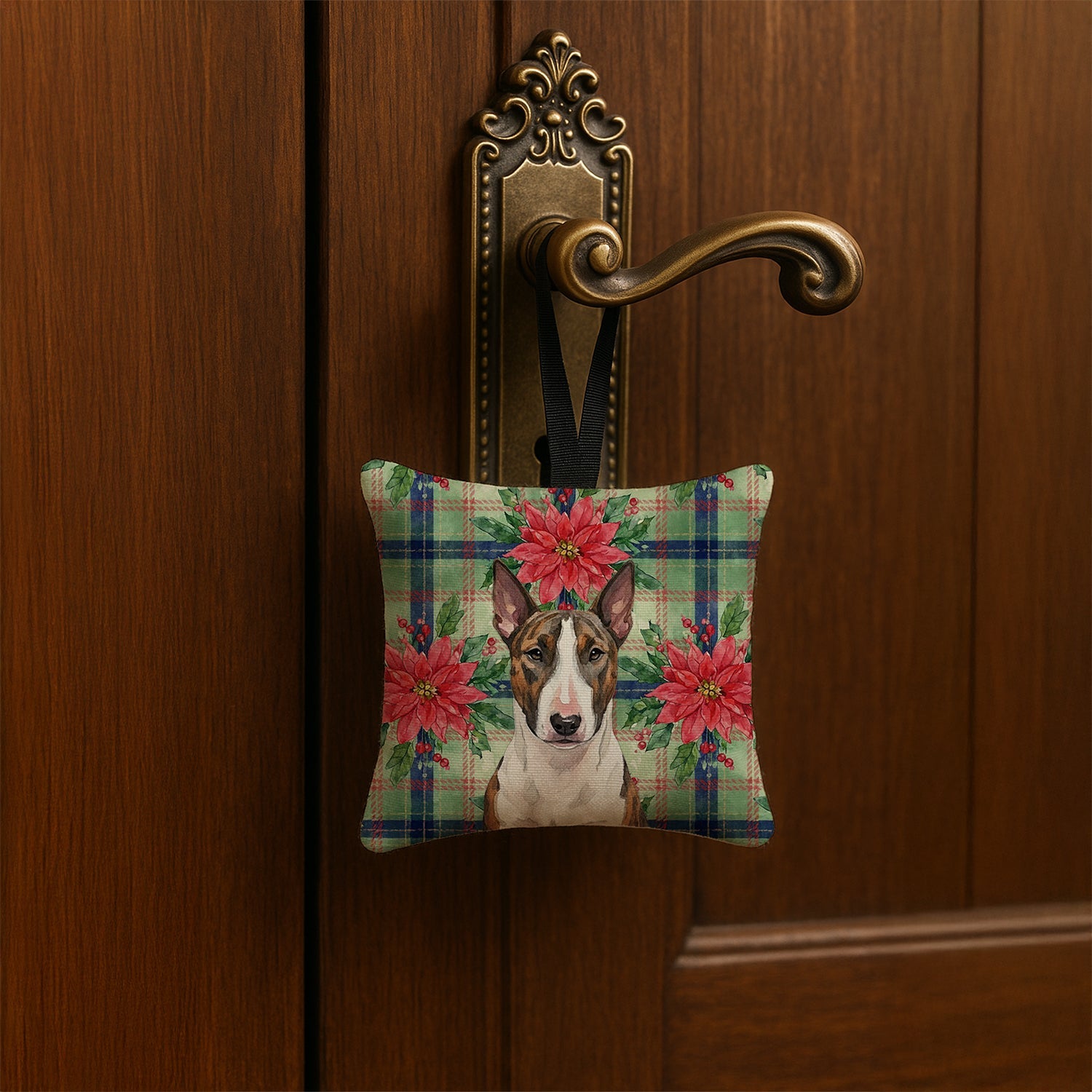 Brindle and White Bull Terrier Christmas PoinsettIas Hanging Square Fabric Ornament 3.5 � 3.5 Decorative Door-Knob & Tree Hanger, Soft Fabric
