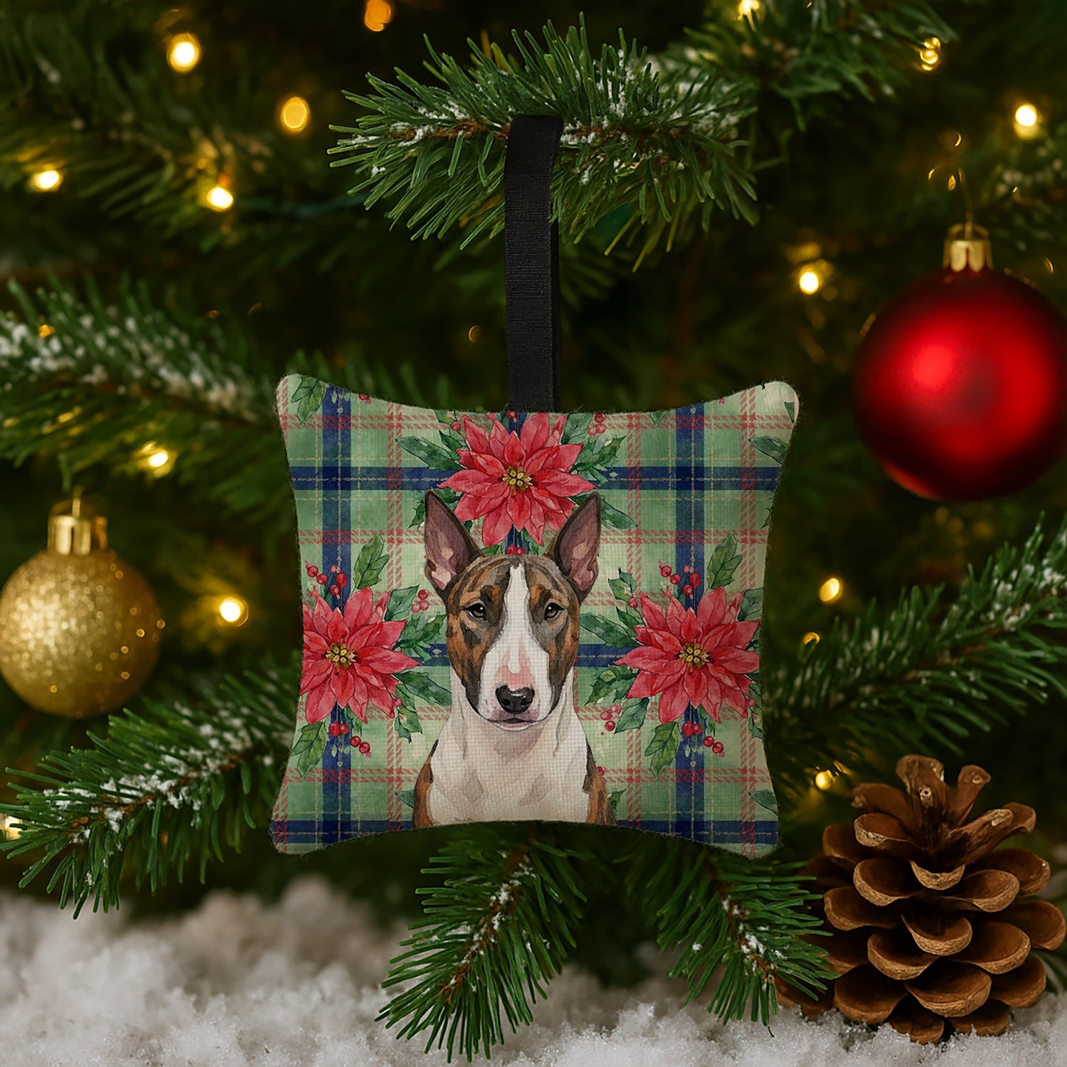 Brindle and White Bull Terrier Christmas PoinsettIas Hanging Square Fabric Ornament 3.5 � 3.5 Decorative Door-Knob & Tree Hanger, Soft Fabric