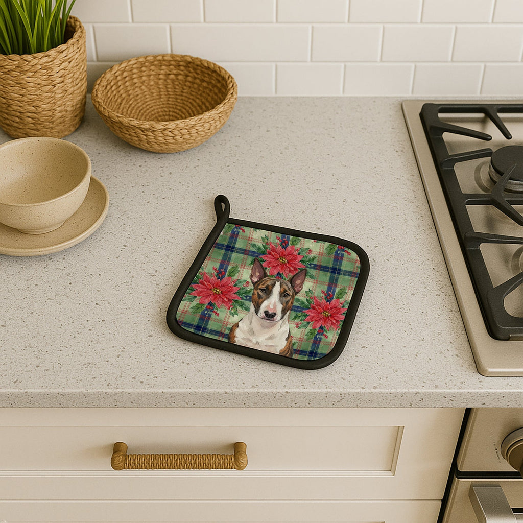 Brindle and White Bull Terrier Christmas PoinsettIas Pot Holder Set of 2 Heat Resistant Quilted Hot Pads 7.5 x 7.5 Inch, Insulated Kitchen Trivets for Cooking & Baking