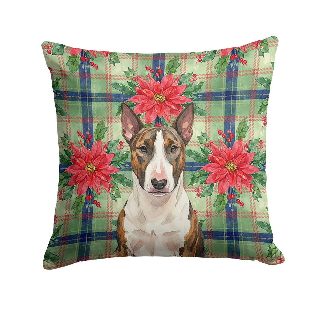 Brindle and White Bull Terrier Christmas PoinsettIas Decorative Throw Pillow 14x14 Indoor Outdoor Accent Cushion, Fabric Cover with Insert for Sofa, Bed, Porch & Living Room