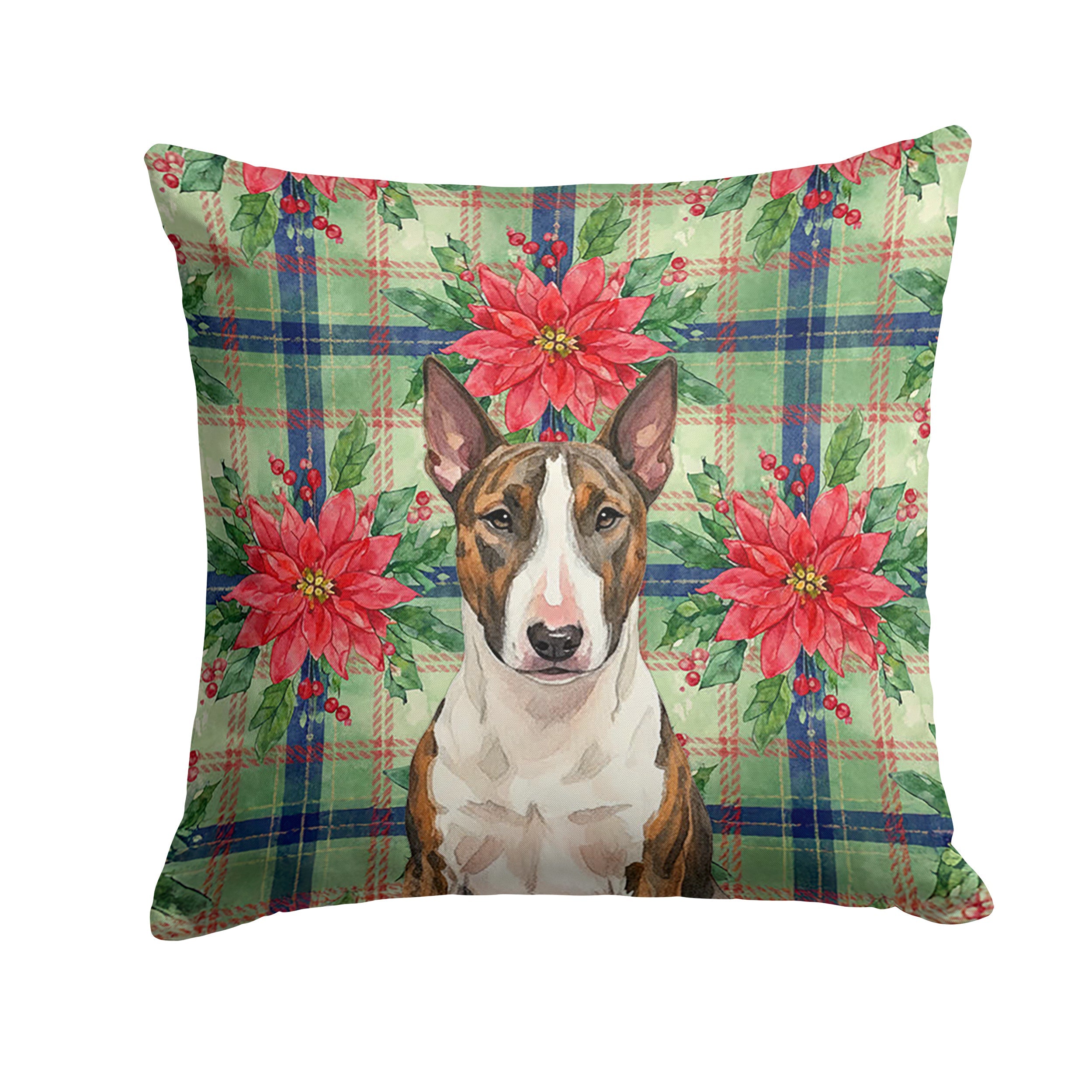 Brindle and White Bull Terrier Christmas PoinsettIas Decorative Throw Pillow 18x18 Indoor Outdoor Accent Cushion, Fabric Cover with Insert for Sofa, Bed, Porch & Living Room