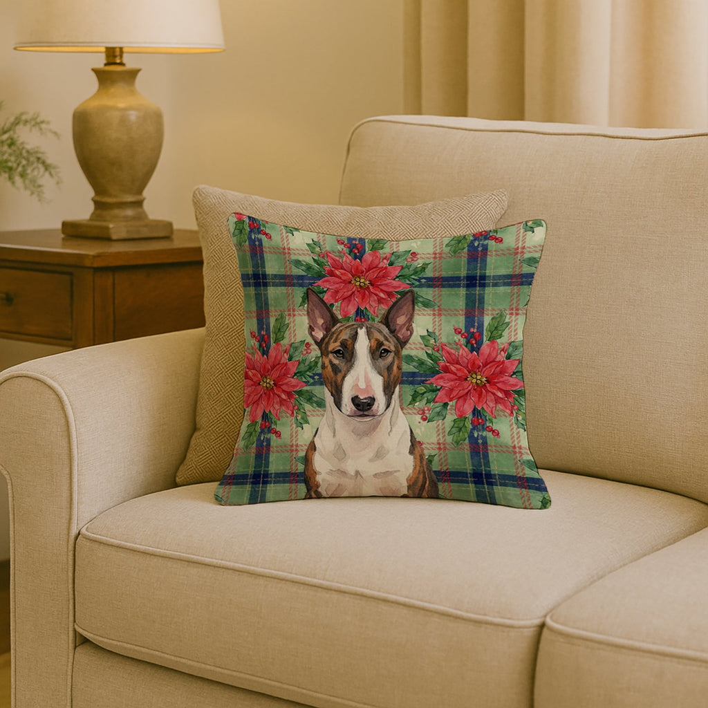 Brindle and White Bull Terrier Christmas PoinsettIas Decorative Throw Pillow 18x18 Indoor Outdoor Accent Cushion, Fabric Cover with Insert for Sofa, Bed, Porch & Living Room