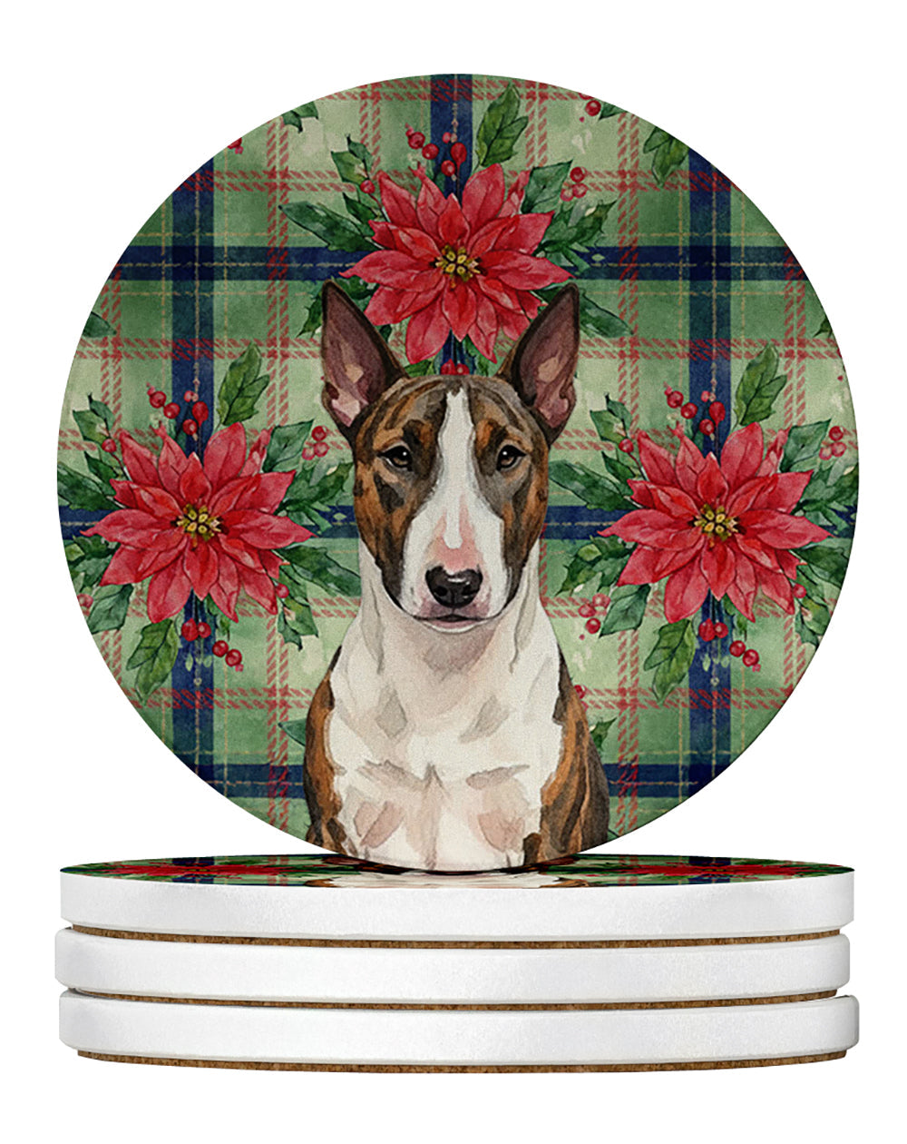 Brindle and White Bull Terrier Christmas PoinsettIas Large Sandstone Coasters Pack of 4 Absorbent Round Coasters Decor Gifts for Men or Women, 4 in, Multicolor