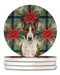 Brindle and White Bull Terrier Christmas PoinsettIas Large Sandstone Coasters Pack of 4 Absorbent Round Coasters Decor Gifts for Men or Women, 4 in, Multicolor