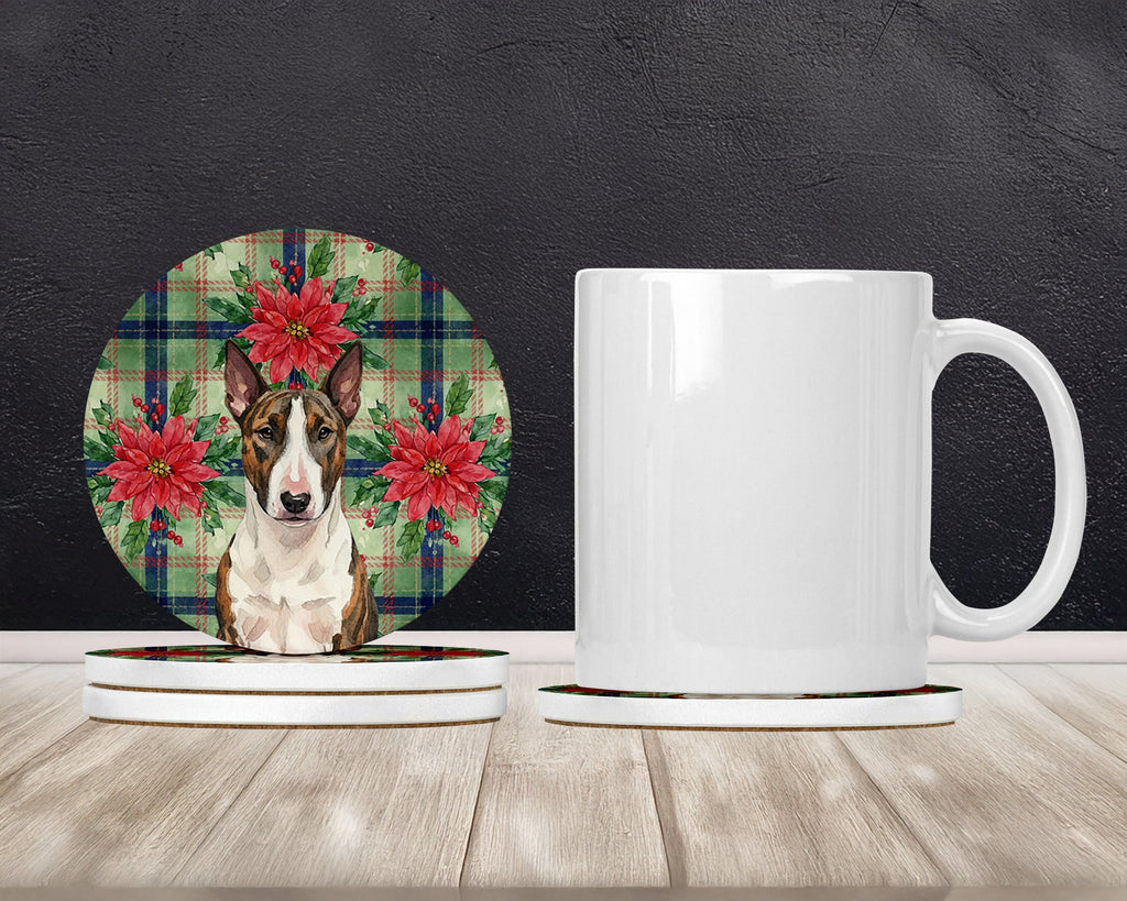Brindle and White Bull Terrier Christmas PoinsettIas Large Sandstone Coasters Pack of 4 Absorbent Round Coasters Decor Gifts for Men or Women, 4 in, Multicolor