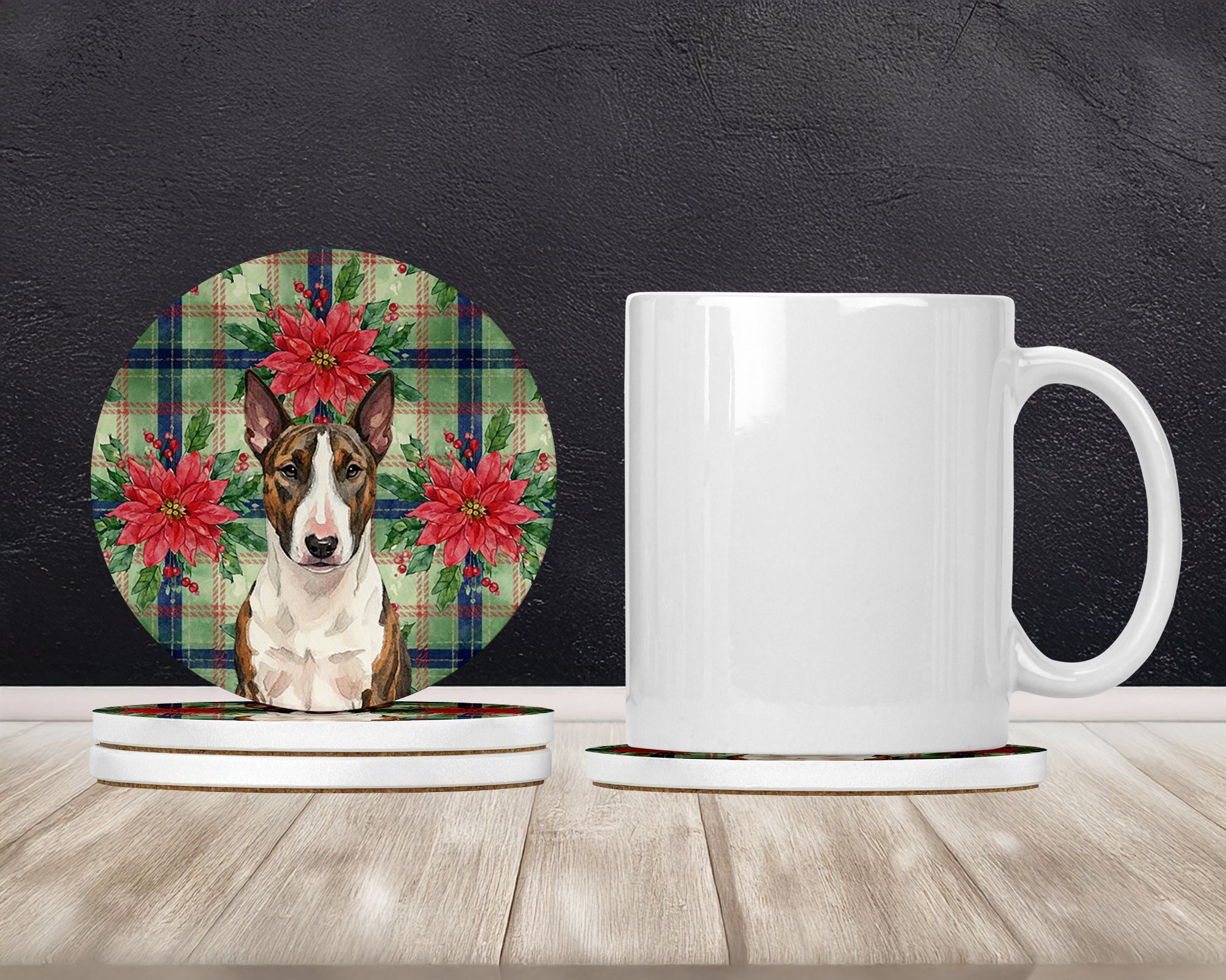 Brindle and White Bull Terrier Christmas PoinsettIas Large Sandstone Coasters Pack of 4 Absorbent Round Coasters Decor Gifts for Men or Women, 4 in, Multicolor