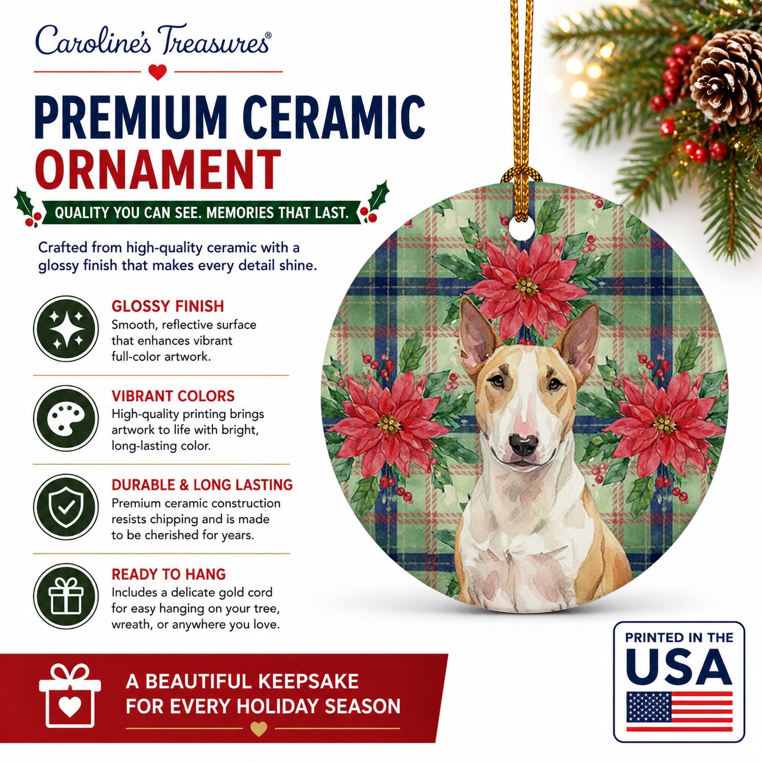Fawn and White Bull Terrier Christmas PoinsettIas Ceramic Ornament Christmas Tree Hanging Decorations for Home Christmas Holiday, Party, Gift, 3 in, Multicolor