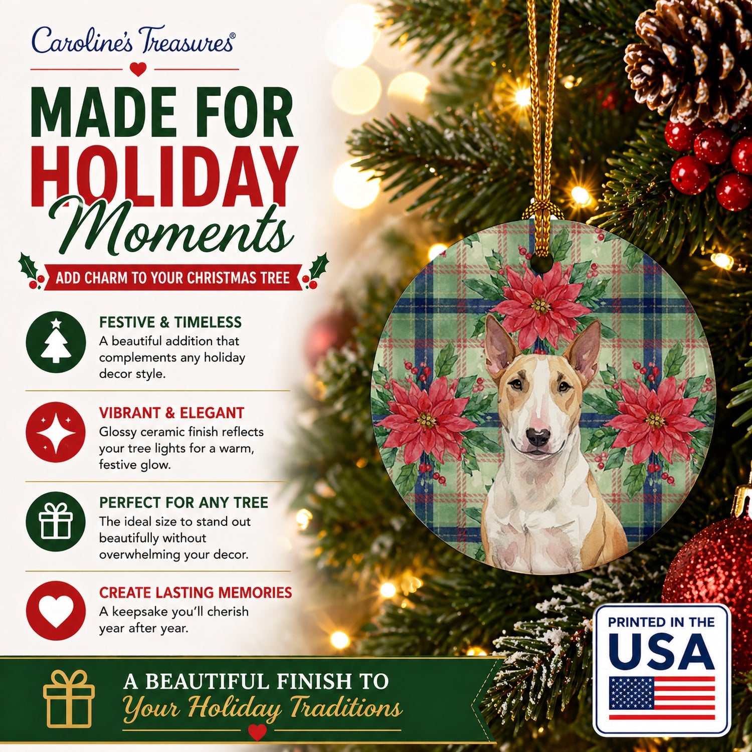 Fawn and White Bull Terrier Christmas PoinsettIas Ceramic Ornament Christmas Tree Hanging Decorations for Home Christmas Holiday, Party, Gift, 3 in, Multicolor