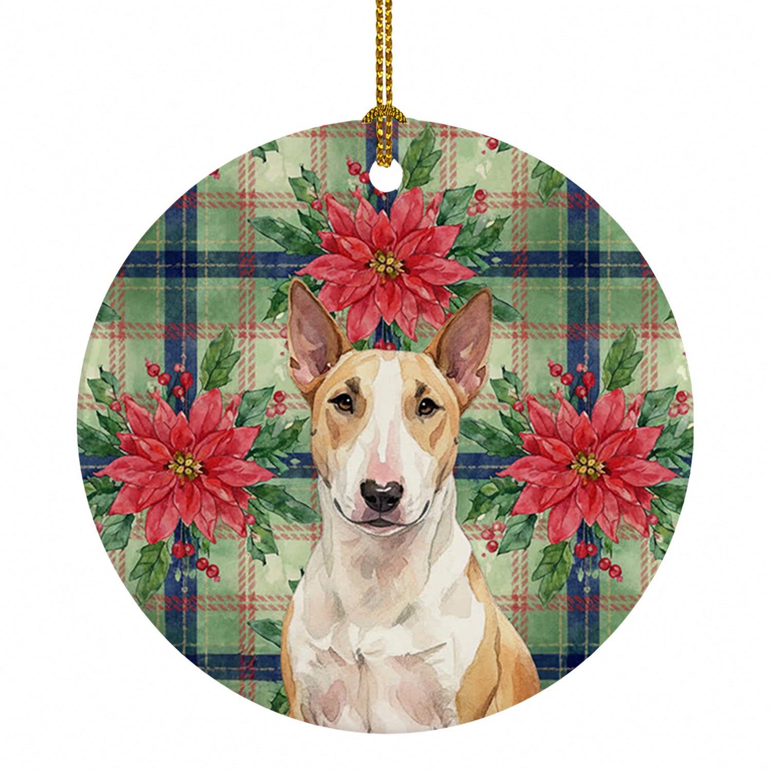 Fawn and White Bull Terrier Christmas PoinsettIas Ceramic Ornament Christmas Tree Hanging Decorations for Home Christmas Holiday, Party, Gift, 3 in, Multicolor