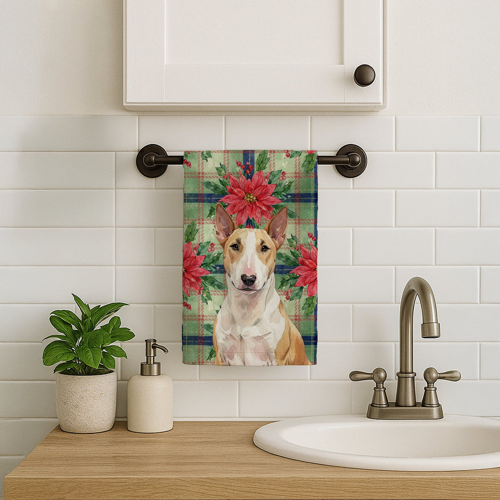 Fawn and White Bull Terrier Christmas PoinsettIas Kitchen Towel Velour Plush Front and Cotton Loop Back Machine Washable