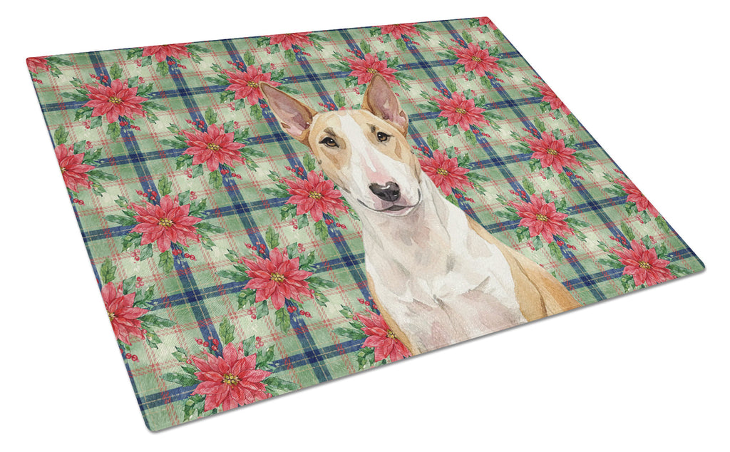 Fawn and White Bull Terrier Christmas PoinsettIas Cutting Board Tempered Glass Kitchen Cutting Surface, Heat Resistant Chopping, Non-Slip Feet, Food Prep & Serving