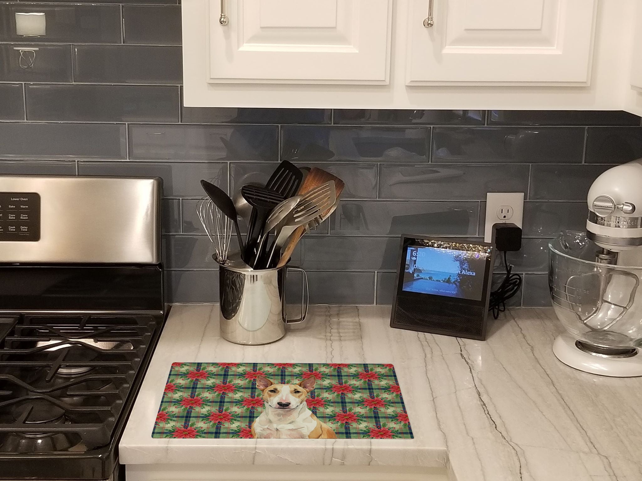 Fawn and White Bull Terrier Christmas PoinsettIas Cutting Board Tempered Glass Kitchen Cutting Surface, Heat Resistant Chopping, Non-Slip Feet, Food Prep & Serving