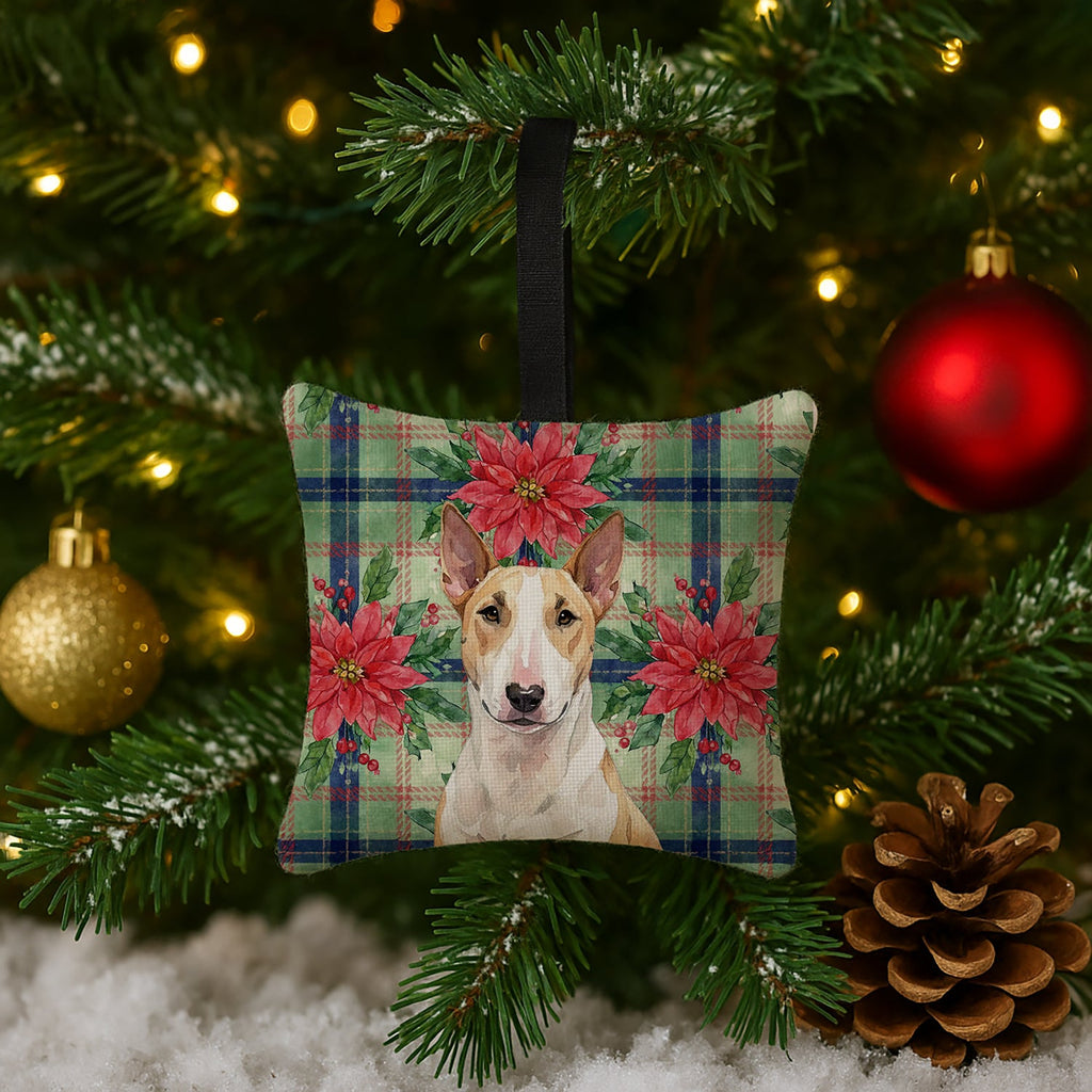 Fawn and White Bull Terrier Christmas PoinsettIas Hanging Square Fabric Ornament 3.5 � 3.5 Decorative Door-Knob & Tree Hanger, Soft Fabric