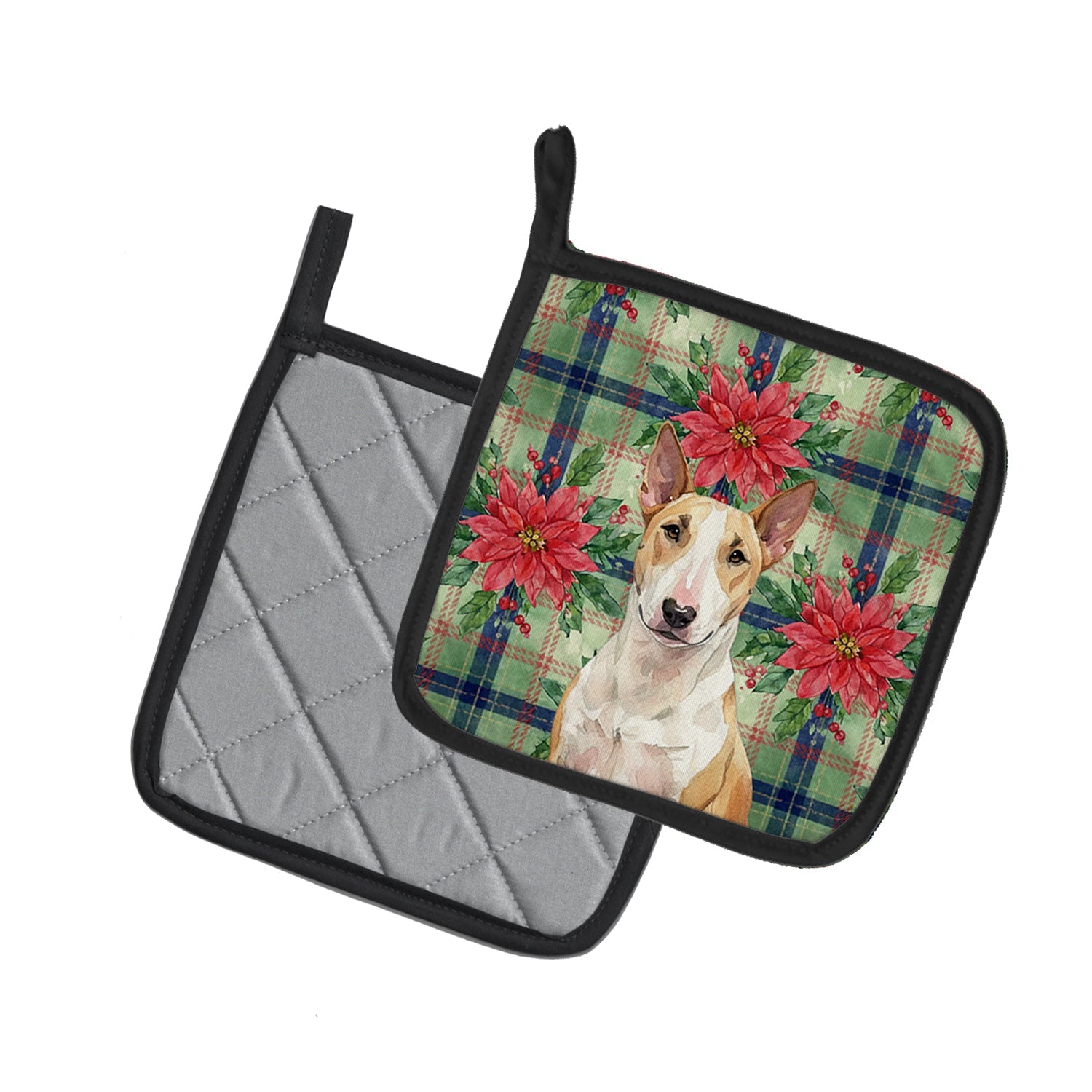 Fawn and White Bull Terrier Christmas PoinsettIas Pot Holder Set of 2 Heat Resistant Quilted Hot Pads 7.5 x 7.5 Inch, Insulated Kitchen Trivets for Cooking & Baking