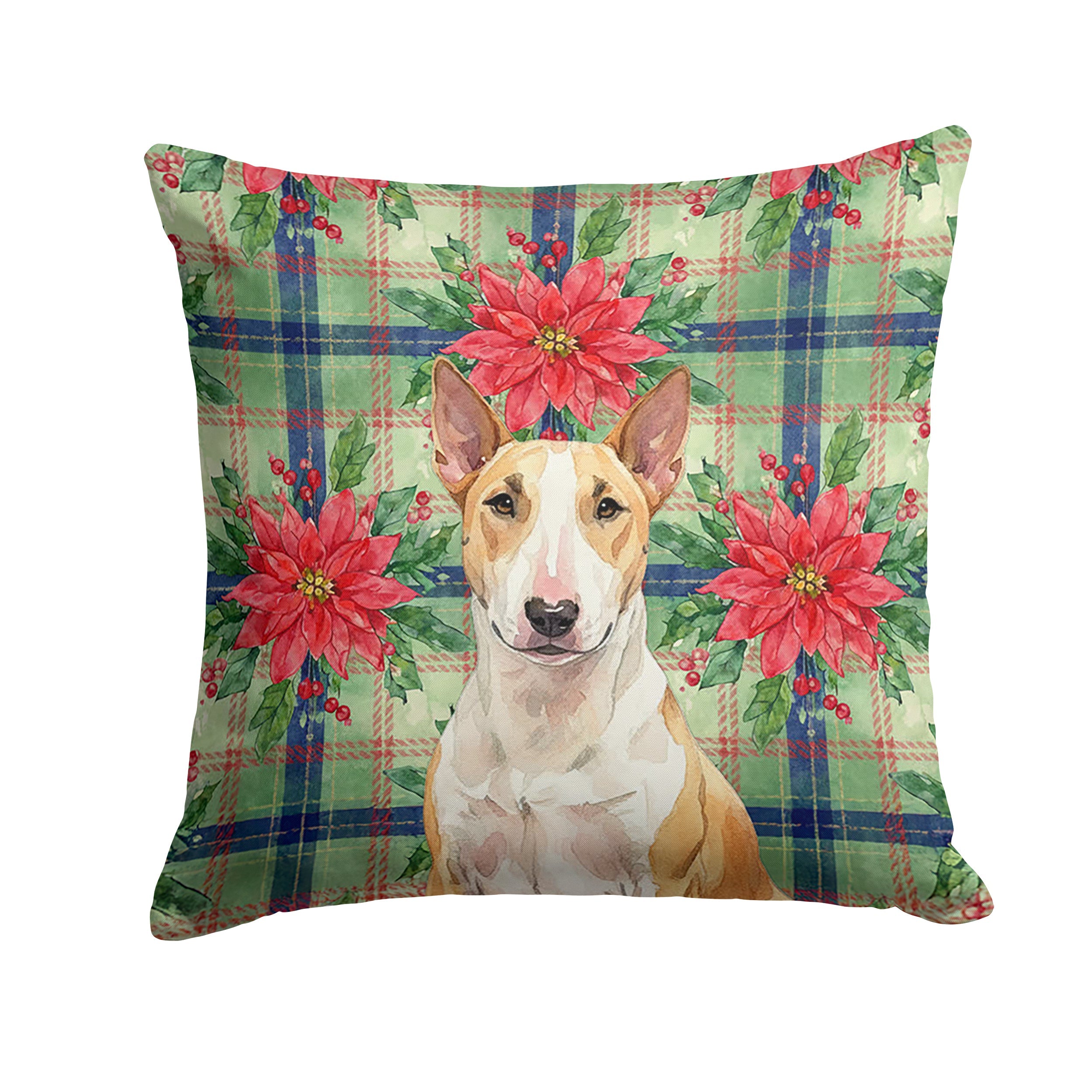 Fawn and White Bull Terrier Christmas PoinsettIas Decorative Throw Pillow 14x14 Indoor Outdoor Accent Cushion, Fabric Cover with Insert for Sofa, Bed, Porch & Living Room