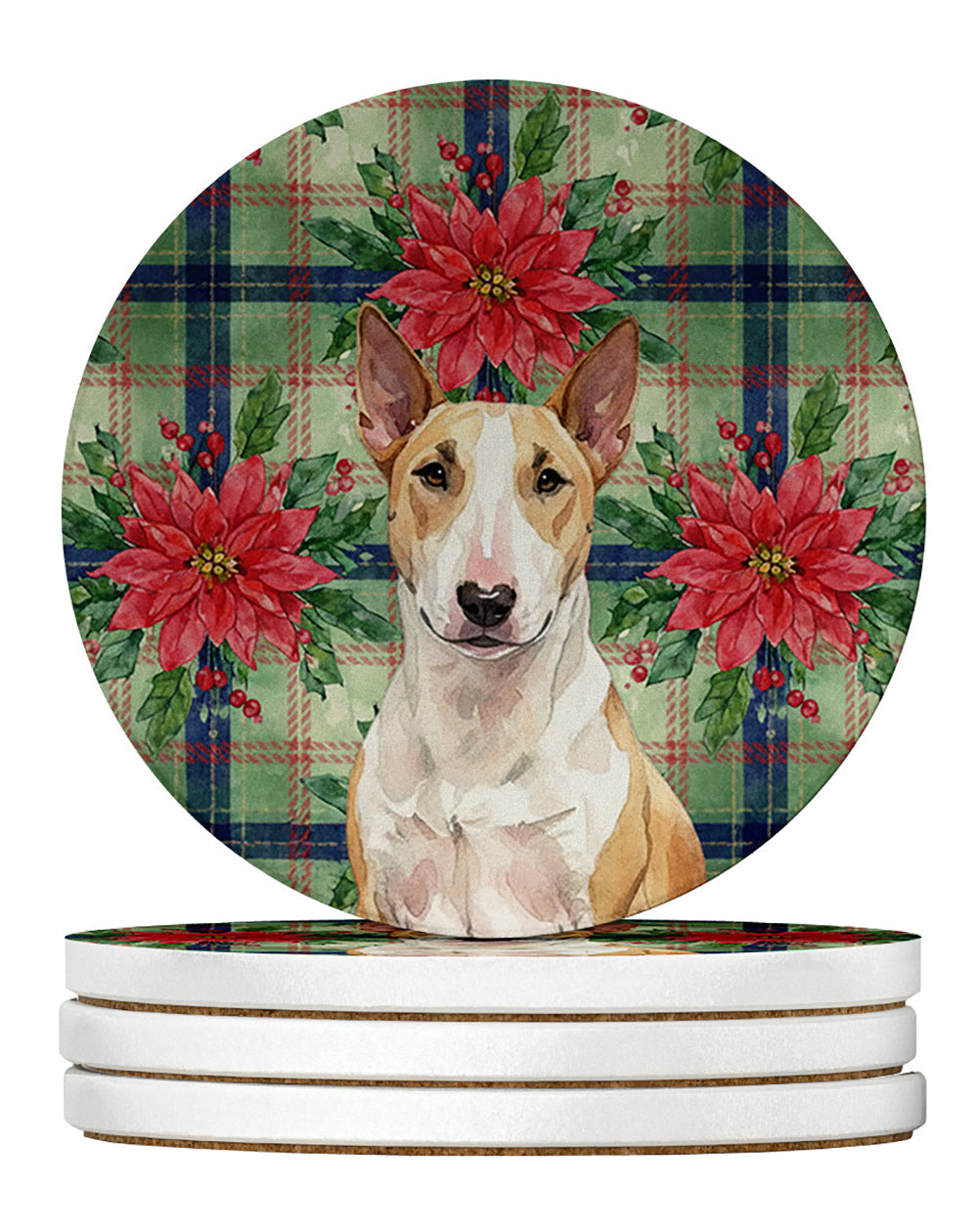 Fawn and White Bull Terrier Christmas PoinsettIas Large Sandstone Coasters Pack of 4 Absorbent Round Coasters Decor Gifts for Men or Women, 4 in, Multicolor