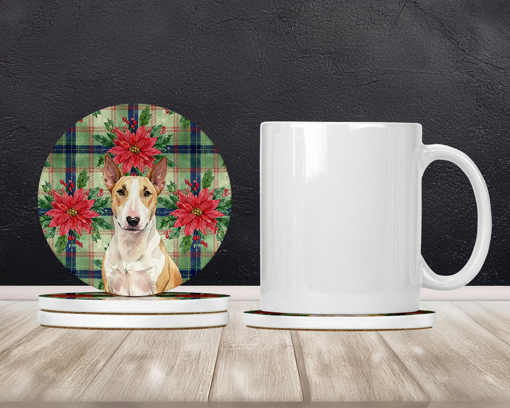 Fawn and White Bull Terrier Christmas PoinsettIas Large Sandstone Coasters Pack of 4 Absorbent Round Coasters Decor Gifts for Men or Women, 4 in, Multicolor