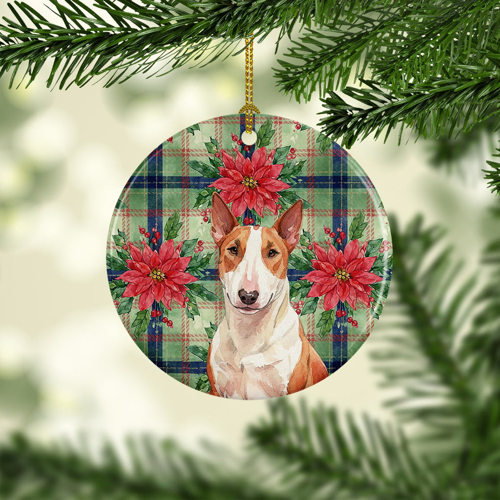 Red and White Bull Terrier Christmas PoinsettIas Ceramic Ornament Christmas Tree Hanging Decorations for Home Christmas Holiday, Party, Gift, 3 in, Multicolor